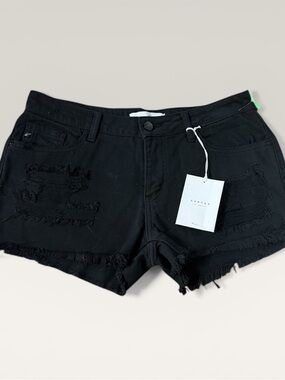 KanCan Black Distressed Frayed Hem Denim Shorts
